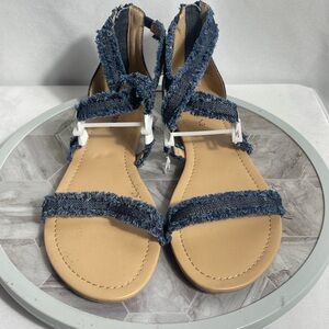 Call It Spring Denim Fringe Flat Sandals Ankle Zip Blue Boho Size 8